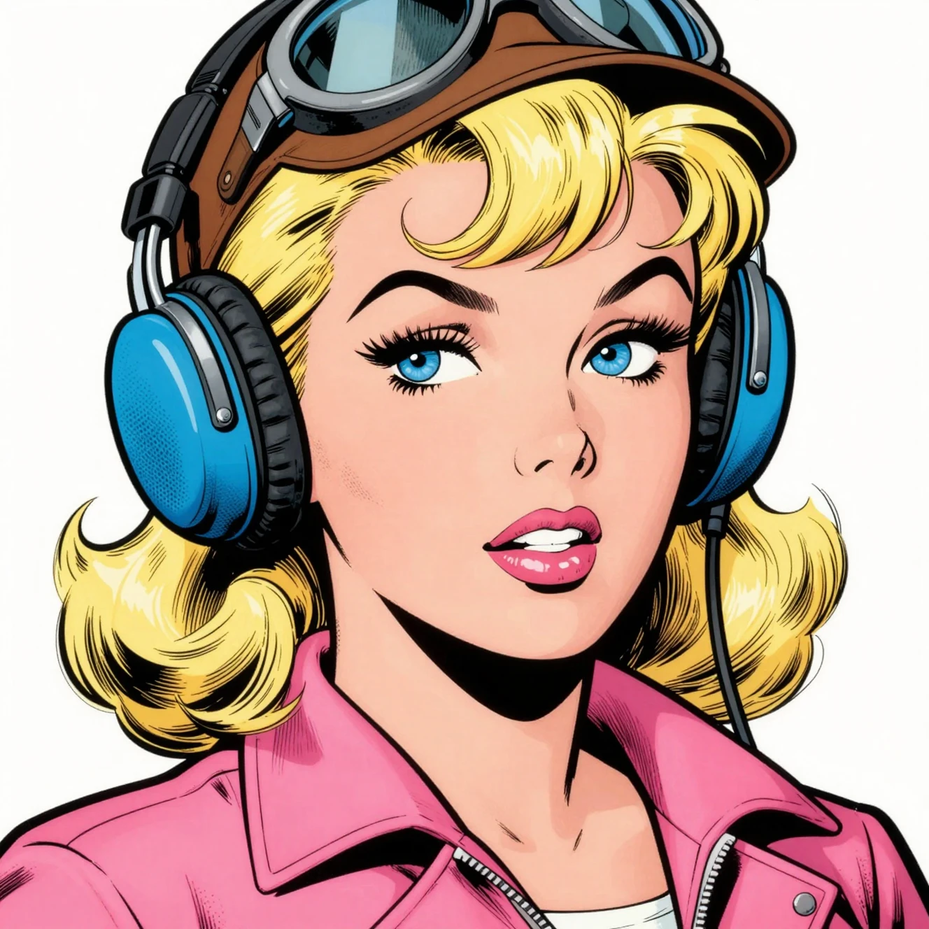 Retro comic close up of blonde aviator woman portrait