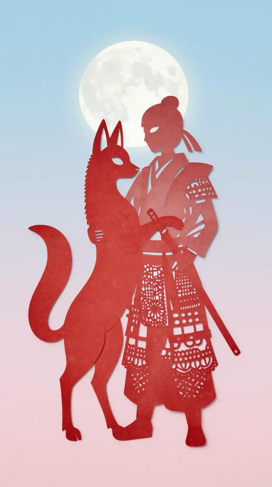 柔和粉彩月光下擁抱武士的紙狐狸