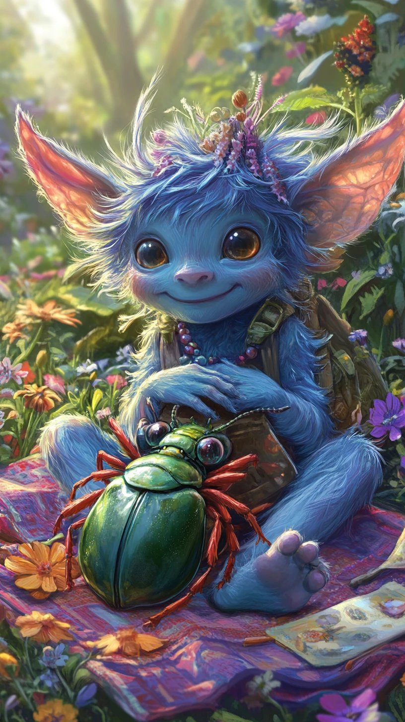 Cute fantasy creature on picnic blanket in glowing meadow