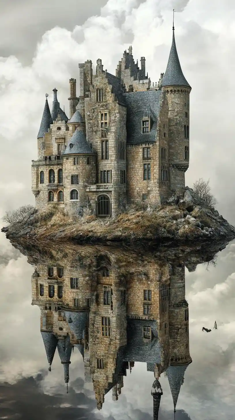 Ilusão surreal de um castelo medieval em cenas sobrepostas