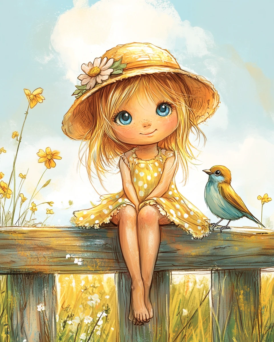 Summer fairy girl on a wooden fence with songbird