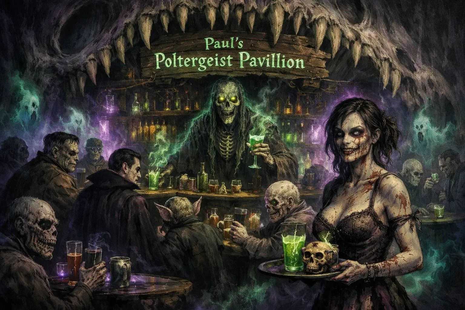 Bar fantasmagórico dentro de uma colossal caverna em forma de crânio alienígena