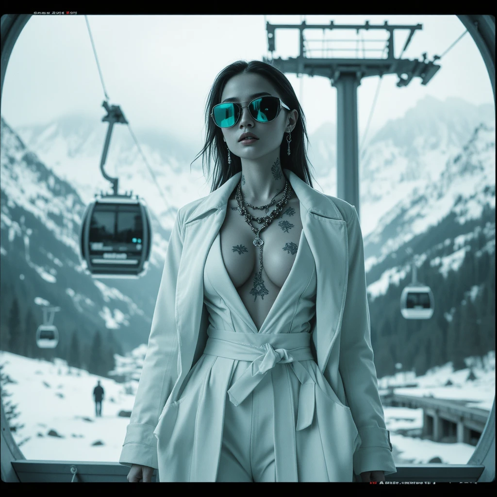 Cinematic noir fashion woman at alpine cable car terminal