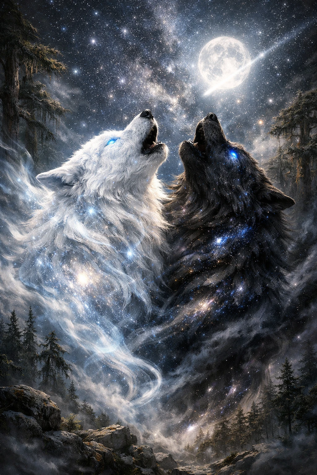 Lobos celestiais de luz e sombra sobre floresta mística