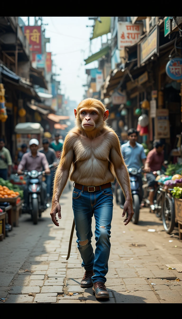 Anthropomorpher Affe geht durch belebten indischen Straßenmarkt