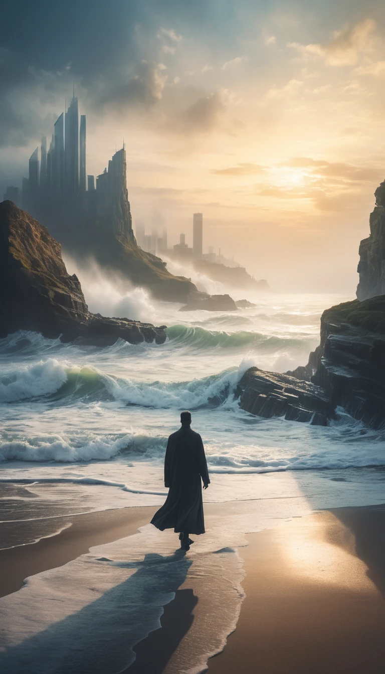 Paysage urbain onirique se fondant dans un horizon brumeux