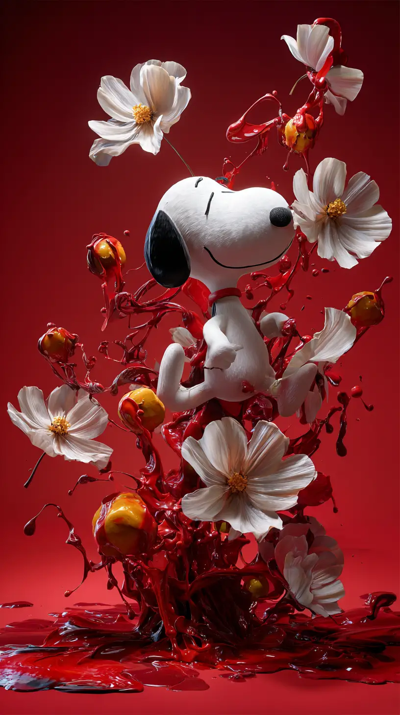 Dynamischer Cartoon-Hund mit wirbelnden floralen Bewegungslinien