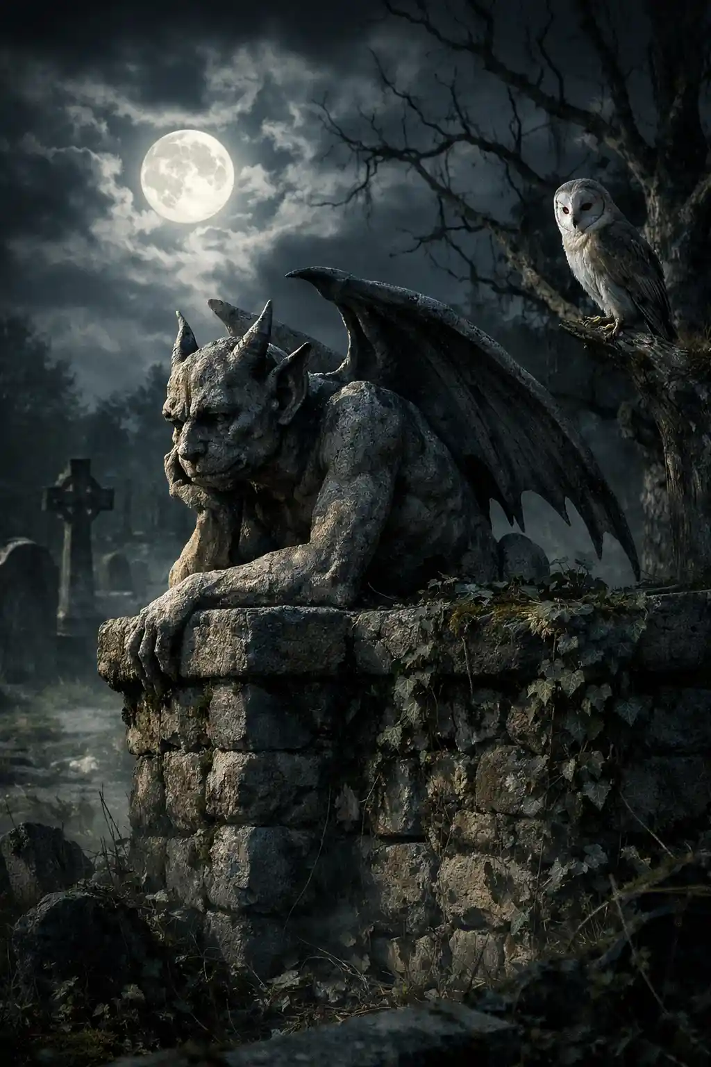 Gargoyle ruht schweigend auf mondbeschienener Friedhofsmauer
