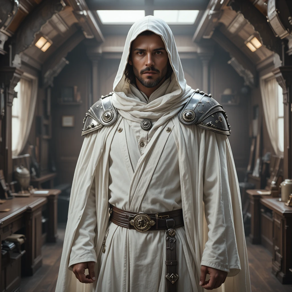 Man in white robes on a warship interior