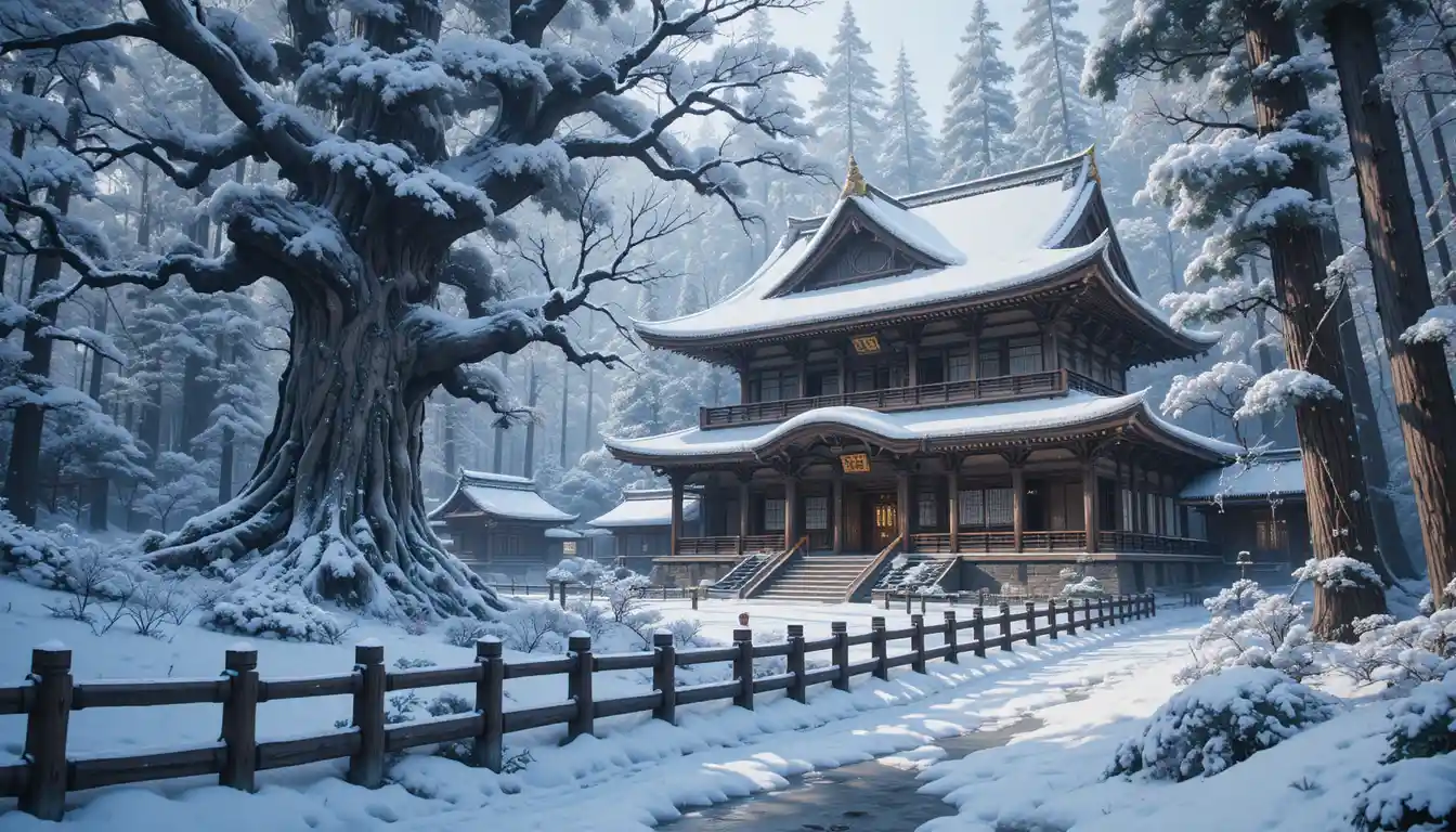 Traditional Japanese temple in a tranquil snowy forest