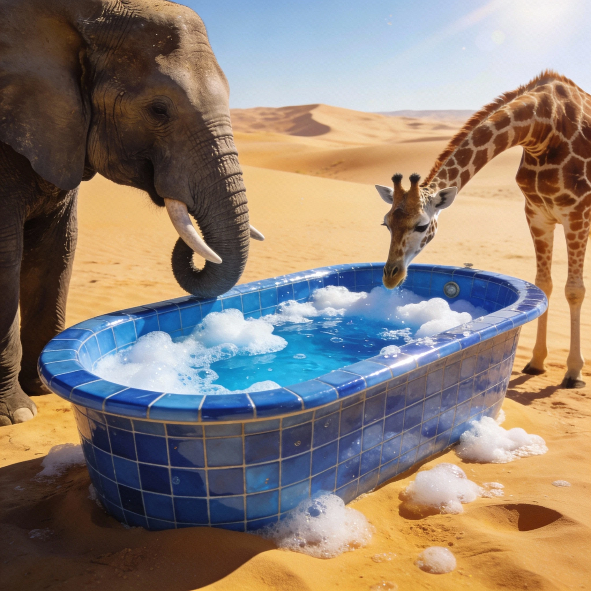 Elefante e Girafa Descobrem uma Banheira Azul no Deserto