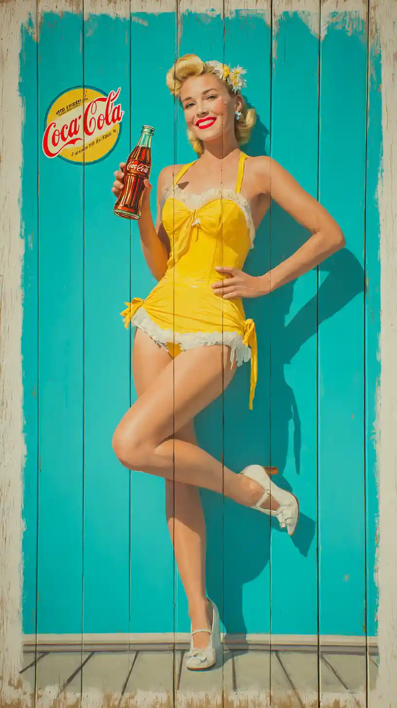 Pin-up blonde vintage tenant un Coca sur la promenade en bois