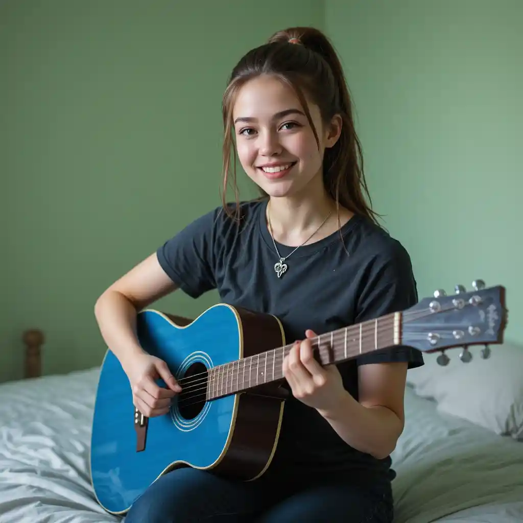 Teen girl playing blue guitar on her bedroom bed