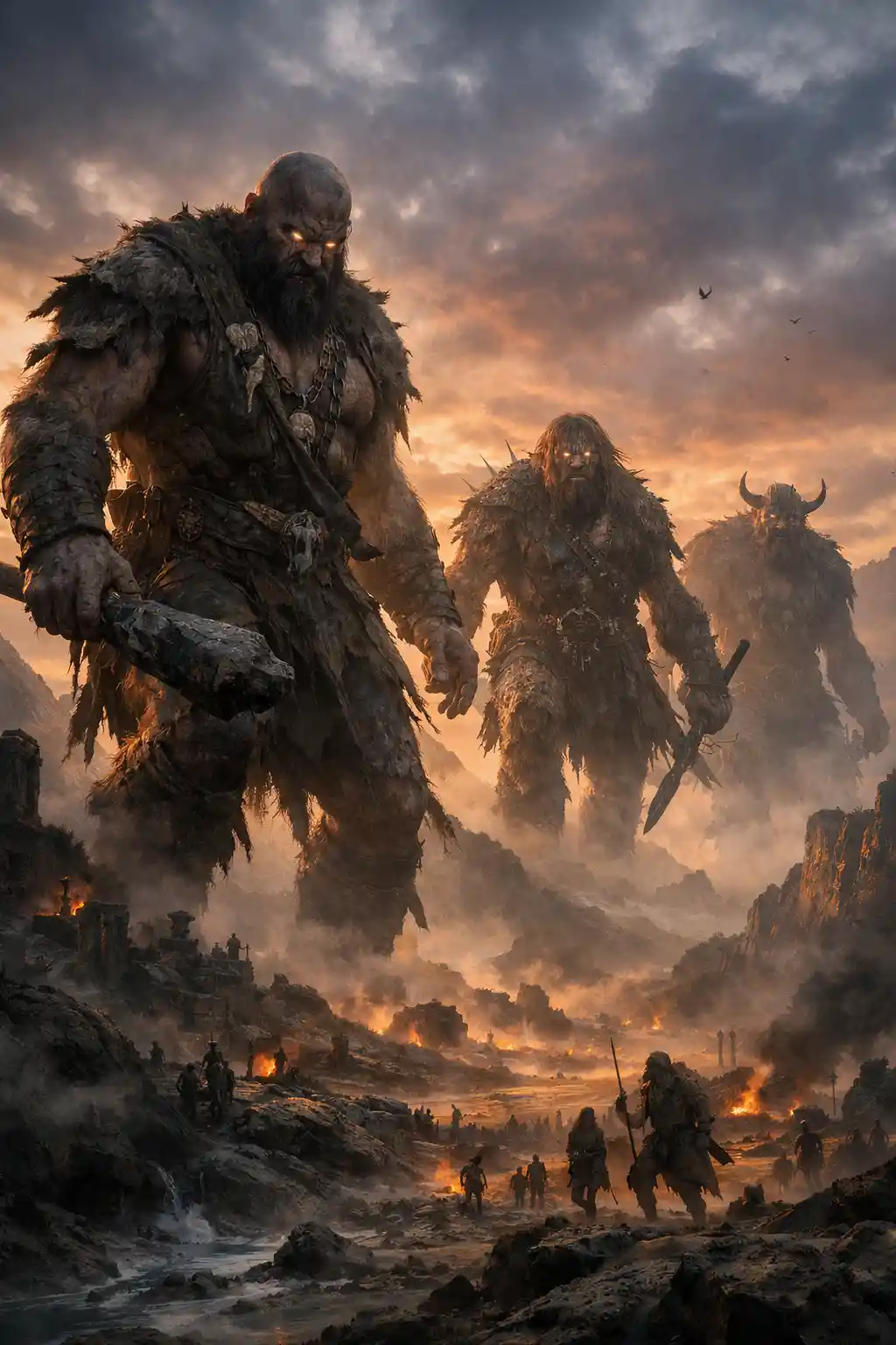 Menacing giants striding across a dawn fantasy landscape