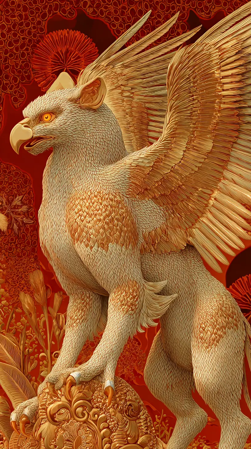 Radiant Golden Griffin With Vast Wings In Surreal Red Scene