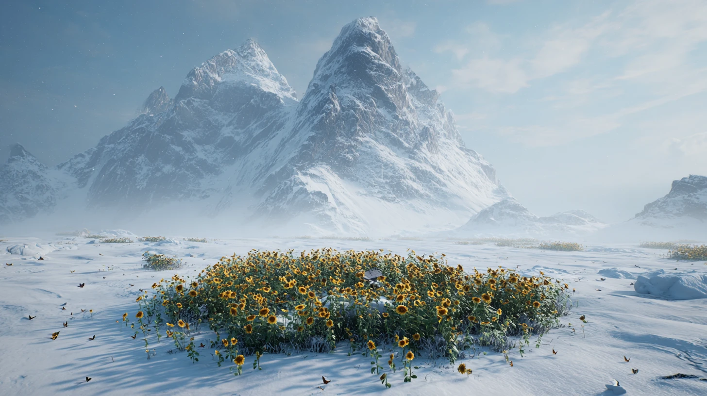 Campo de girassóis na Antártida sob imponentes montanhas nevadas