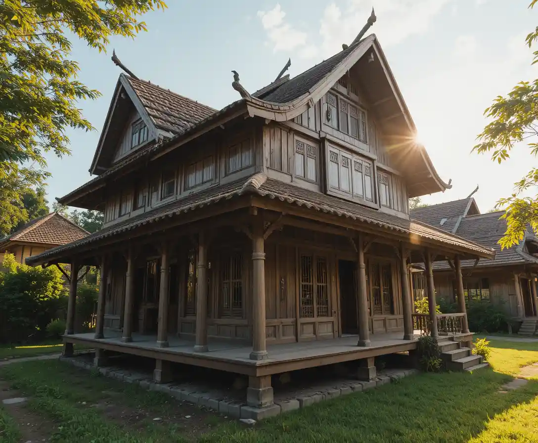 Traditionelles malaiisches Holzhaus im warmen Dorfenlicht