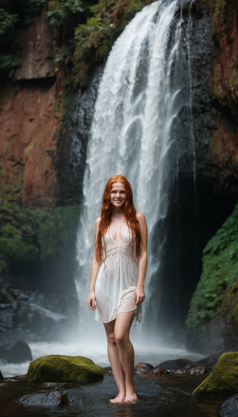 Jeune fille rousse debout sous une douce cascade