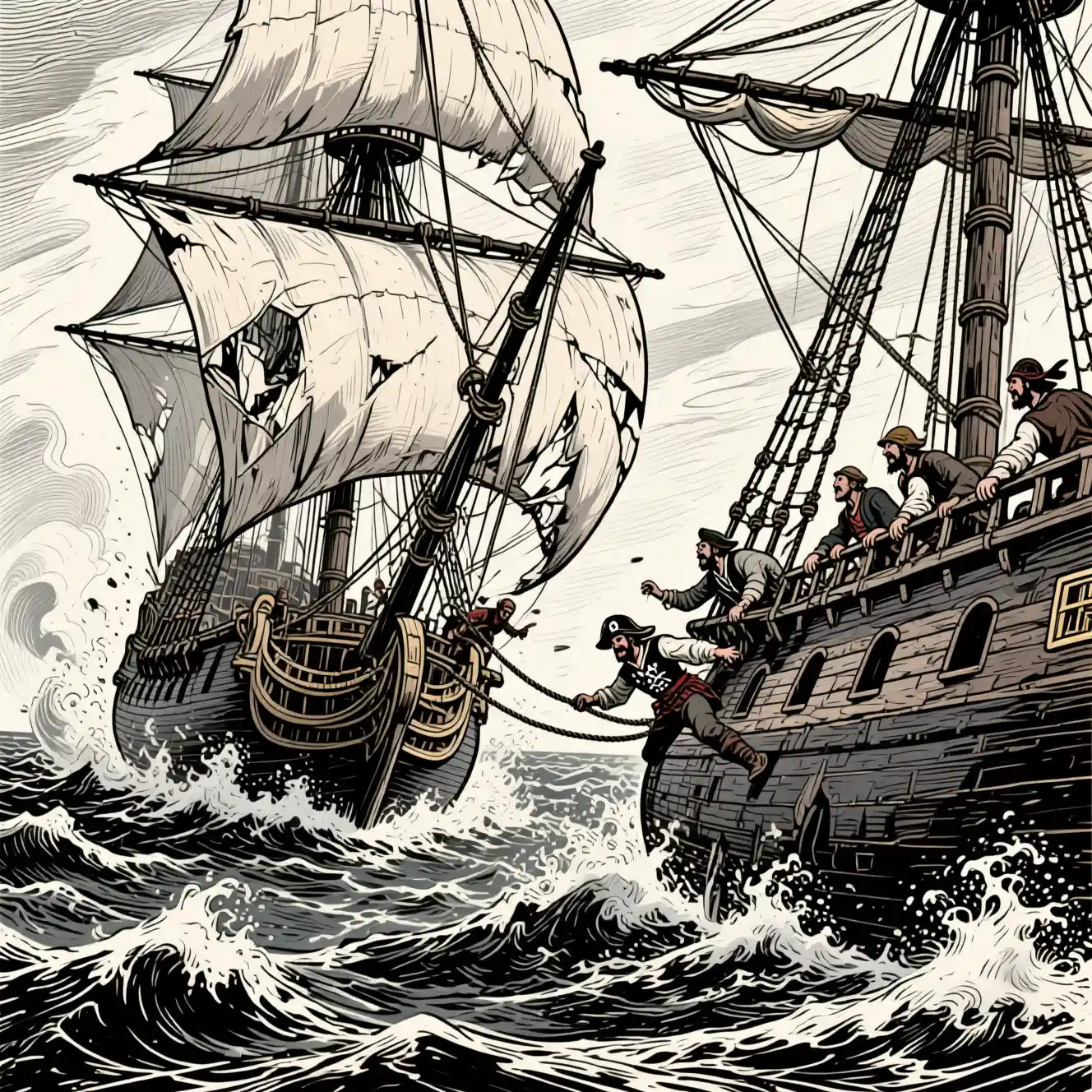 Navire pirate éperonnant un marchand sur une mer déchaînée