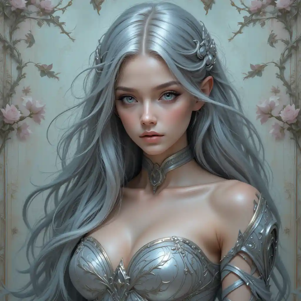 Mystical silver haired fantasy girl in iridescent armor