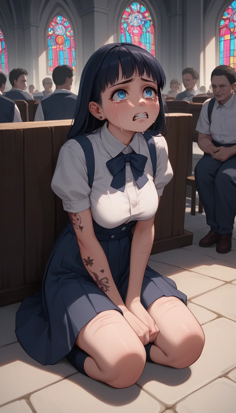 Young Japanese schoolgirl sitting alone in a church