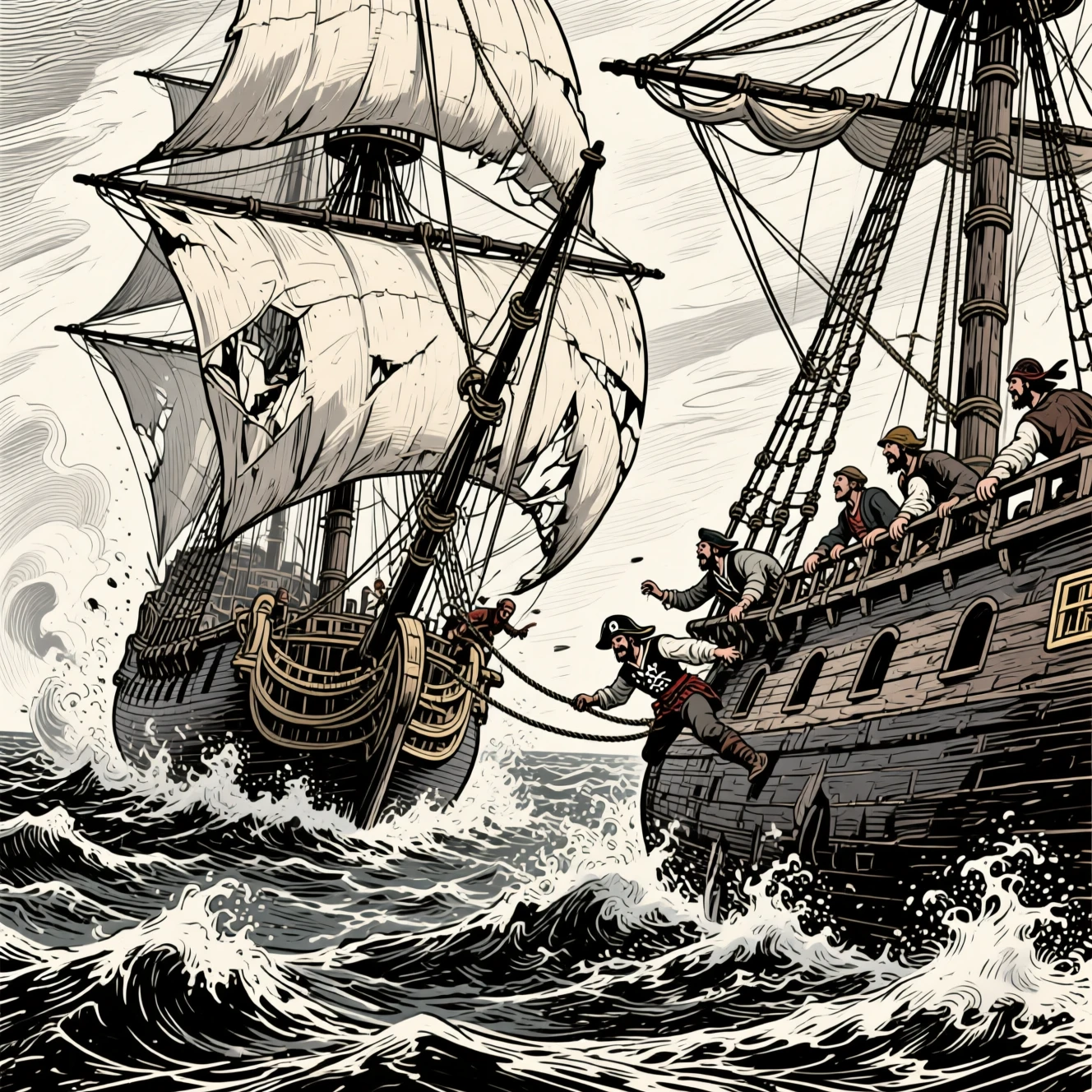 Navire pirate éperonnant un marchand sur une mer déchaînée