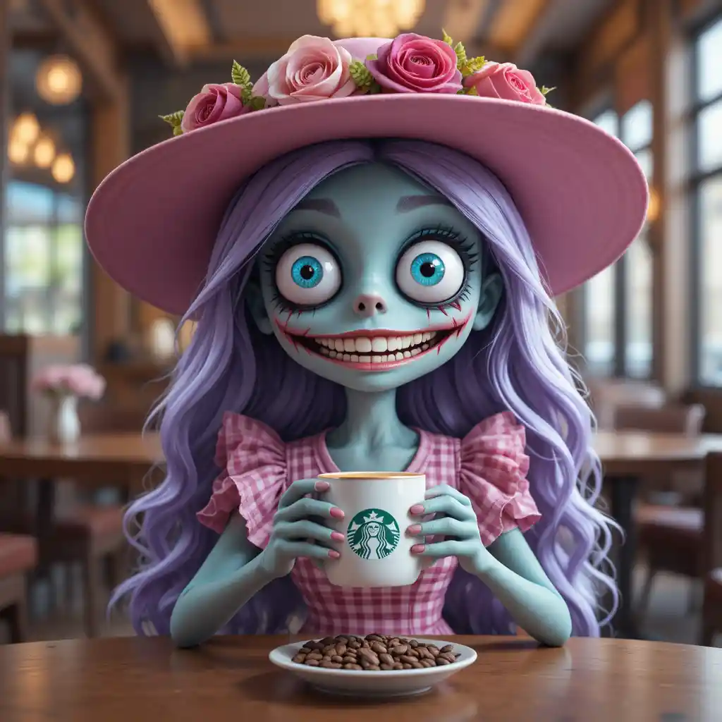 Verspieltes Cartoon-Zombie-Mädchen mit rosa Hut am Café-Tisch