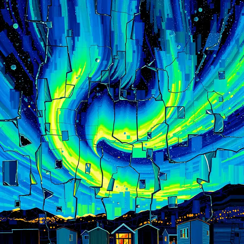 Aurora digitale astratta in pixel blu elettrico e verde