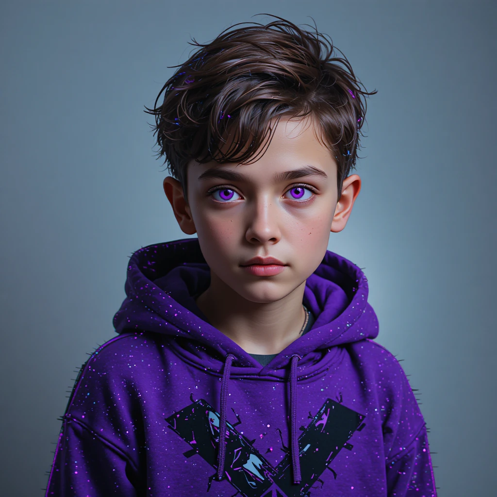 デジタルグリッチ風の紫の瞳をした少年