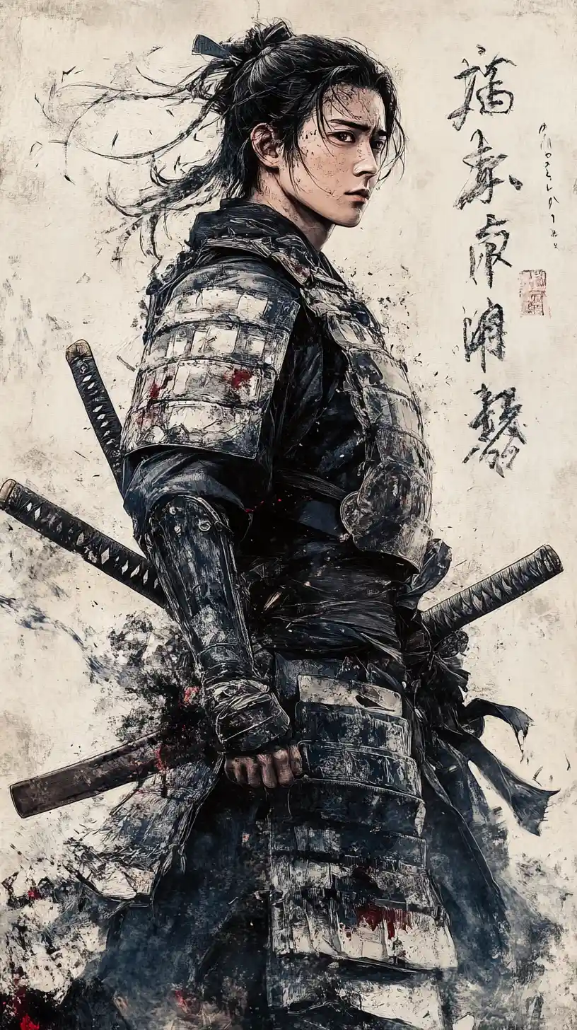 Junger Samurai in Papierrüstung blickt entschlossen nach oben