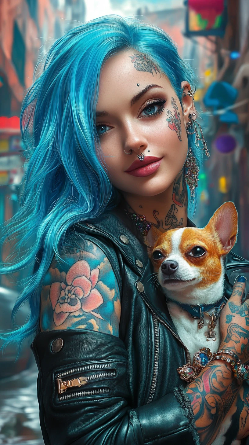 Mulher tatuada de cabelo azul segurando um Chihuahua na rua da cidade
