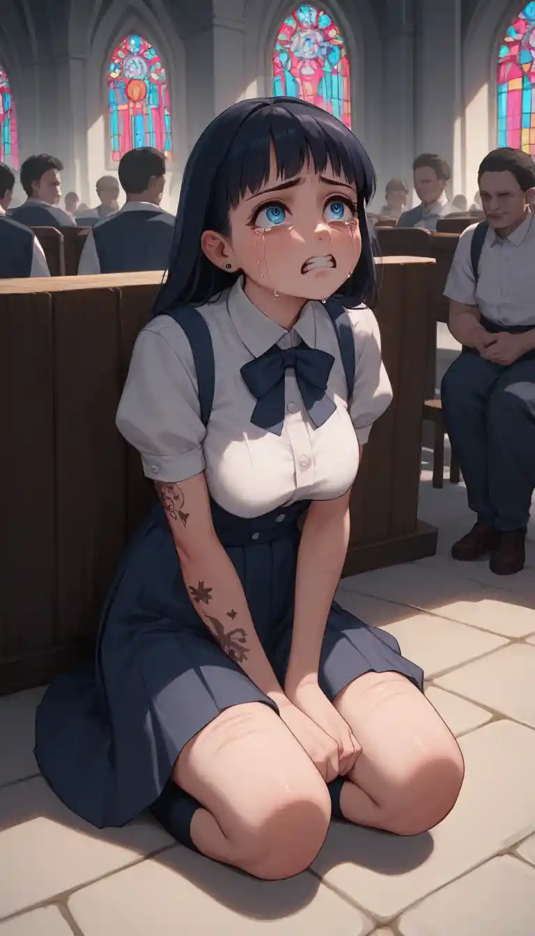 Young Japanese schoolgirl sitting alone in a church
