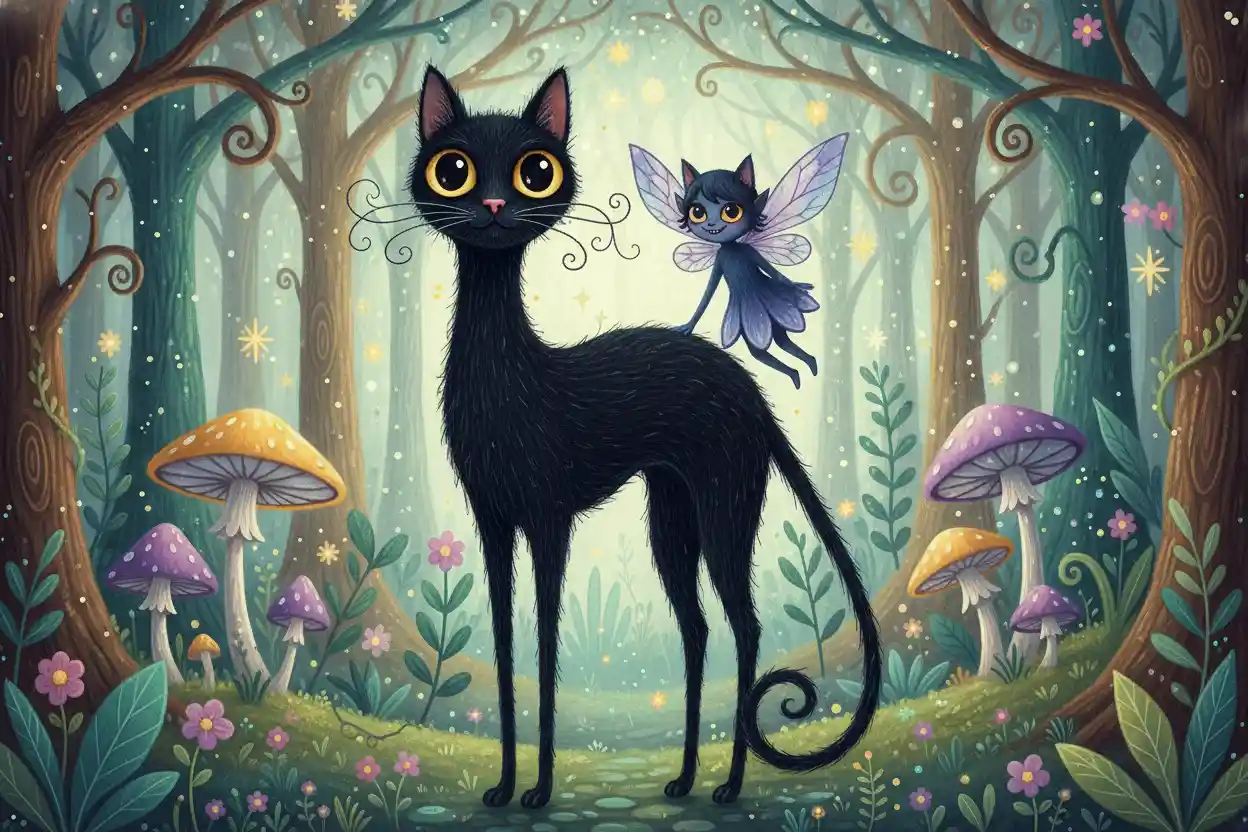 Gato alto de arte folk preto com minúscula fada companheira