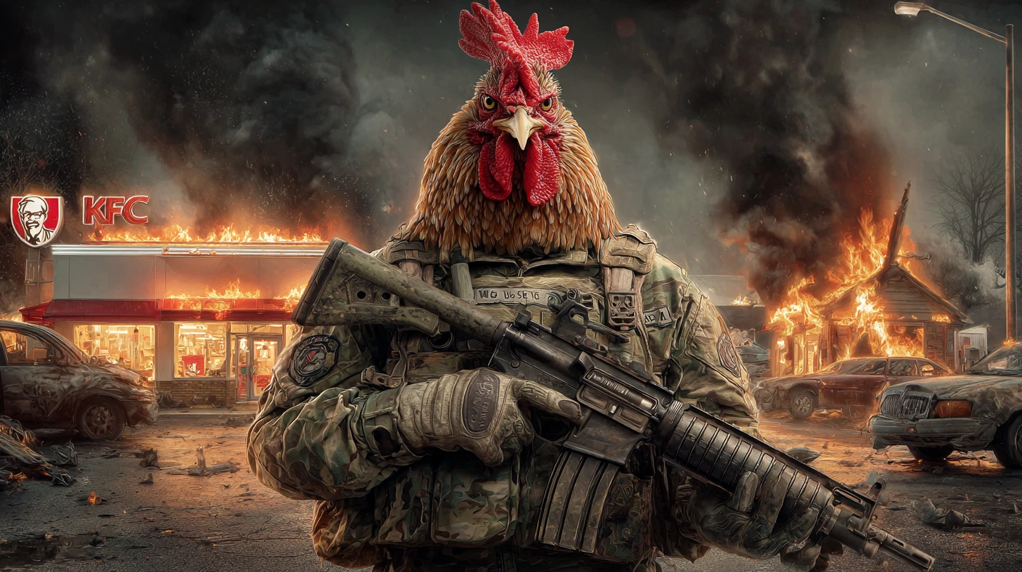 Angry army chicken with rifle amid burning fast food ruin