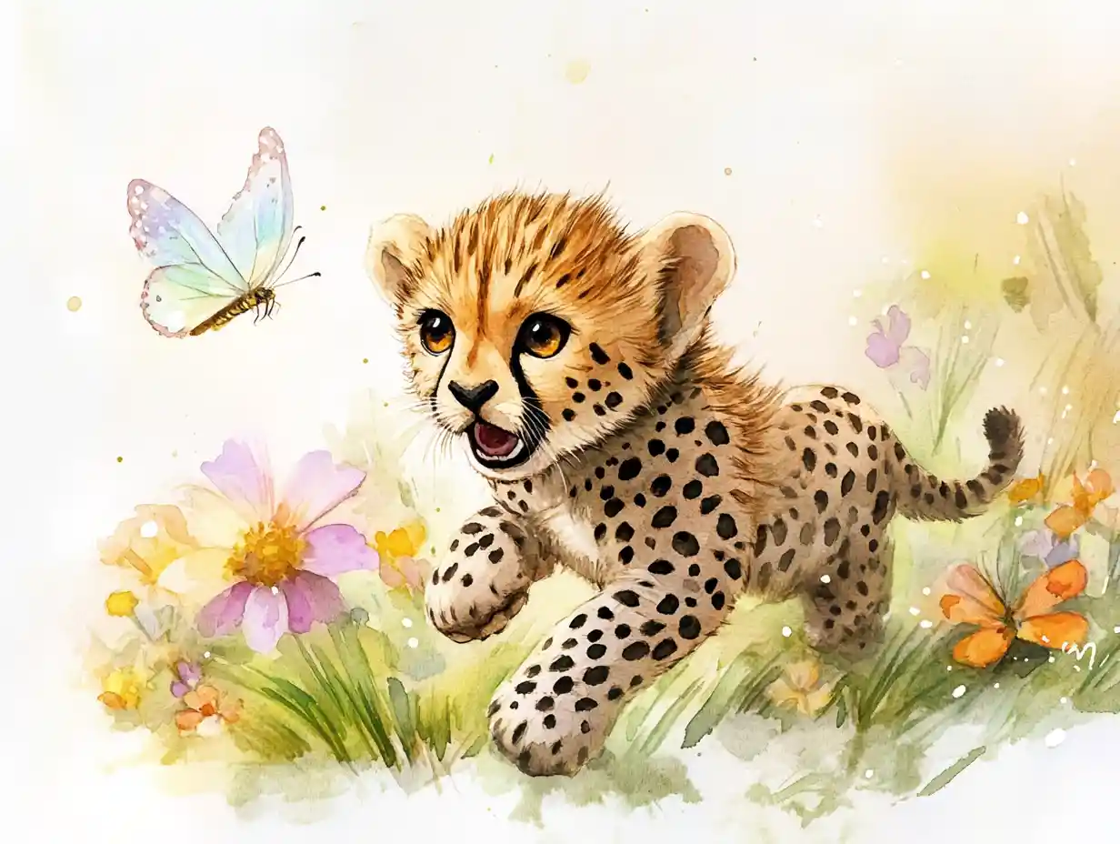 Watercolor cheetah cub chasing butterfly in sunny meadow