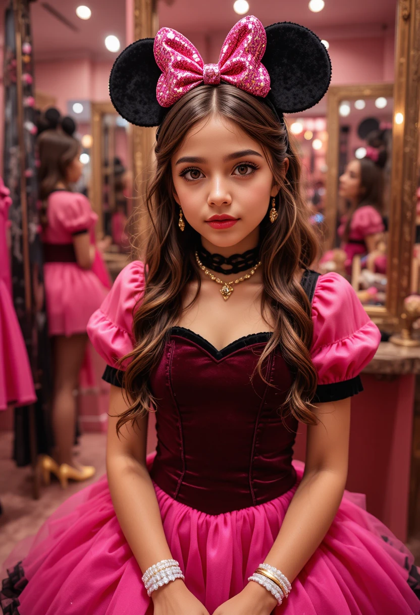 Menino pré-adolescente nervoso vestido de Minnie Mouse no fundo de uma boutique