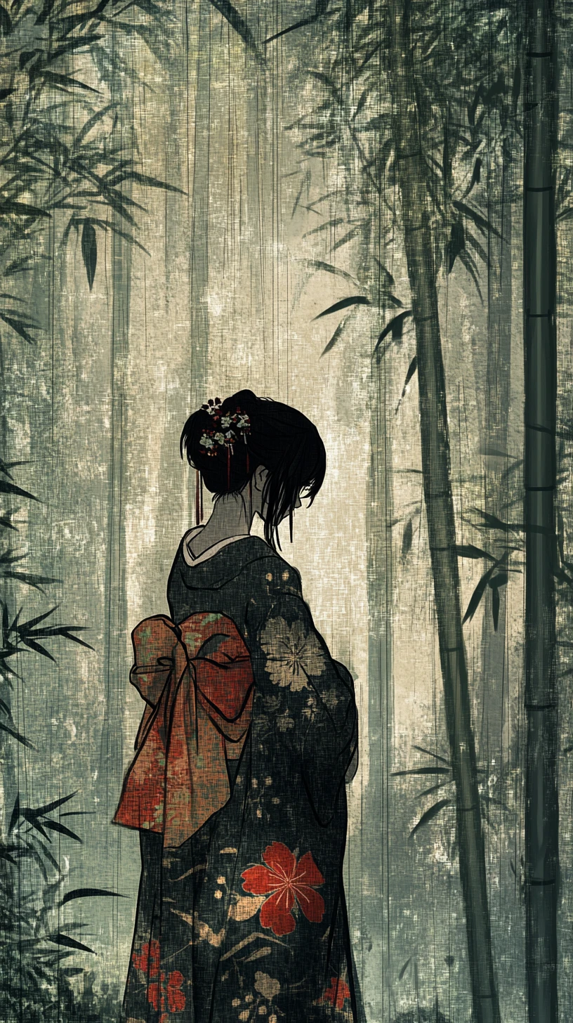 Joven con vestido tradicional en un bosque de bambú lluvioso