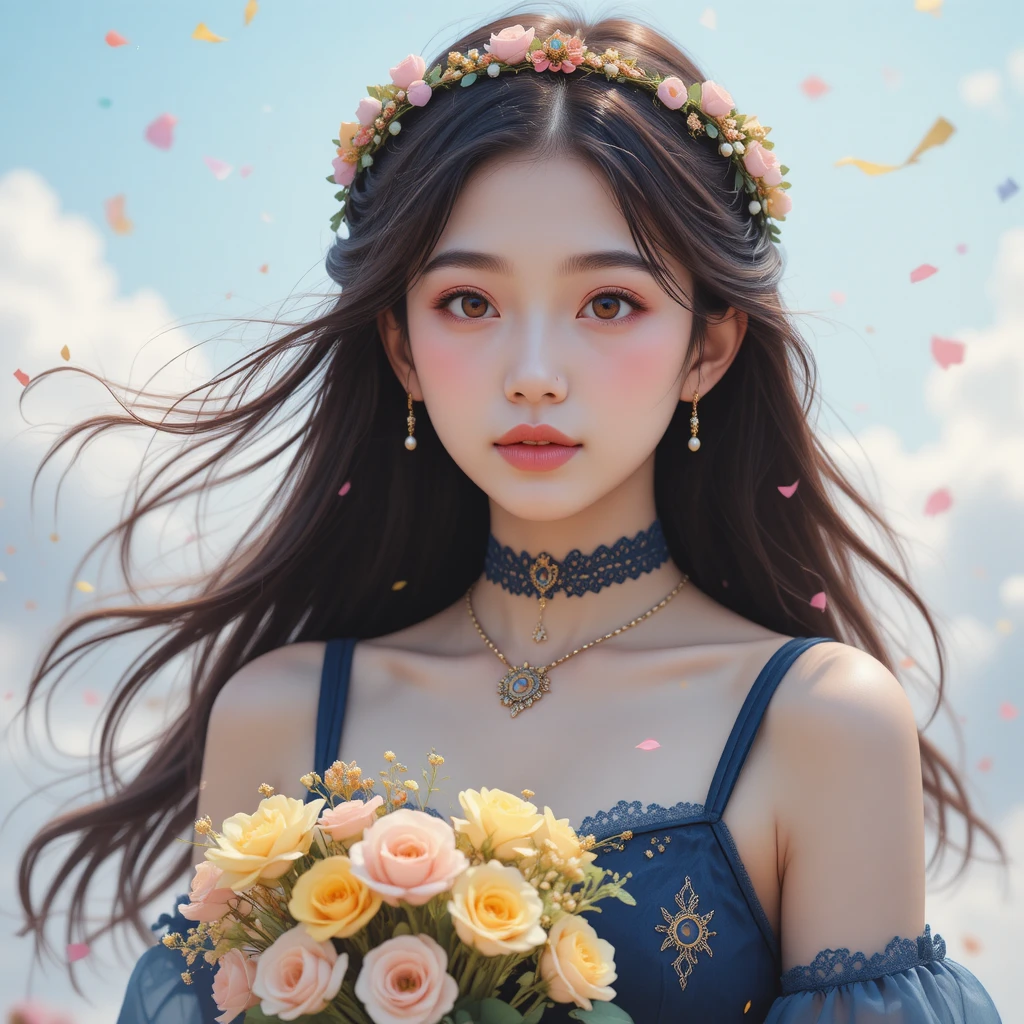 Young Asian woman with flowers in a dreamy sky portrait