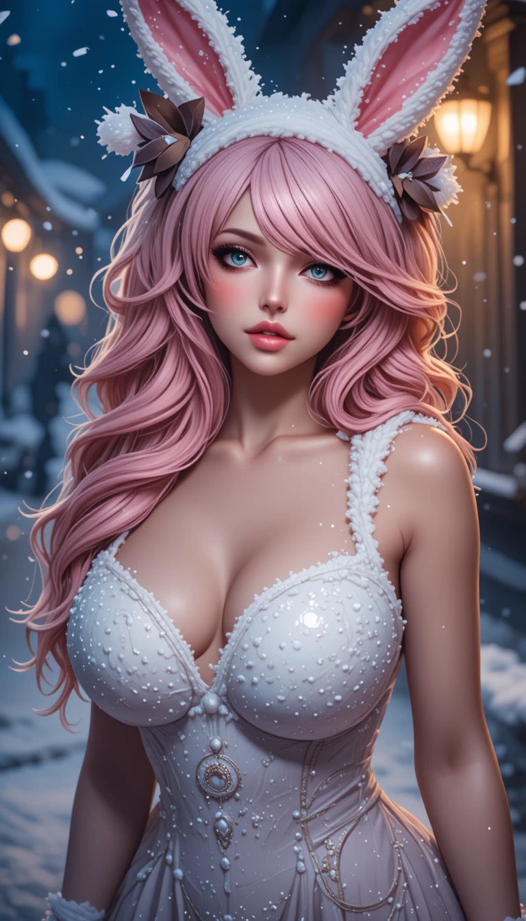 Donna con capelli rosa vestita da coniglietta della neve sotto una fitta nevicata serale