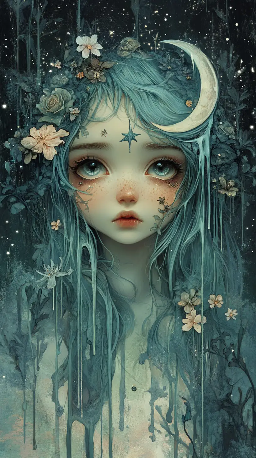 Melancholic blue haired girl amid decaying floral nightscape