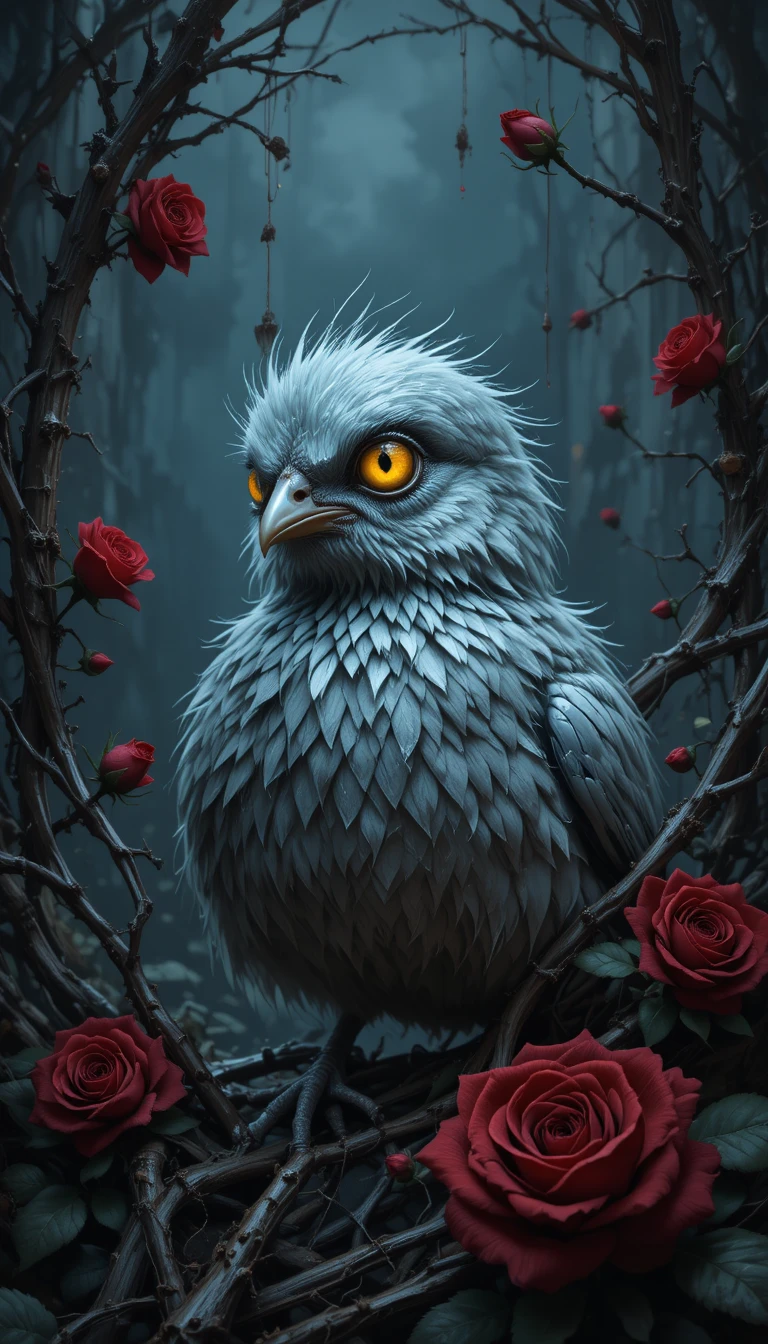 Poussin argenté triste parmi les épines et les roses dans l’obscurité