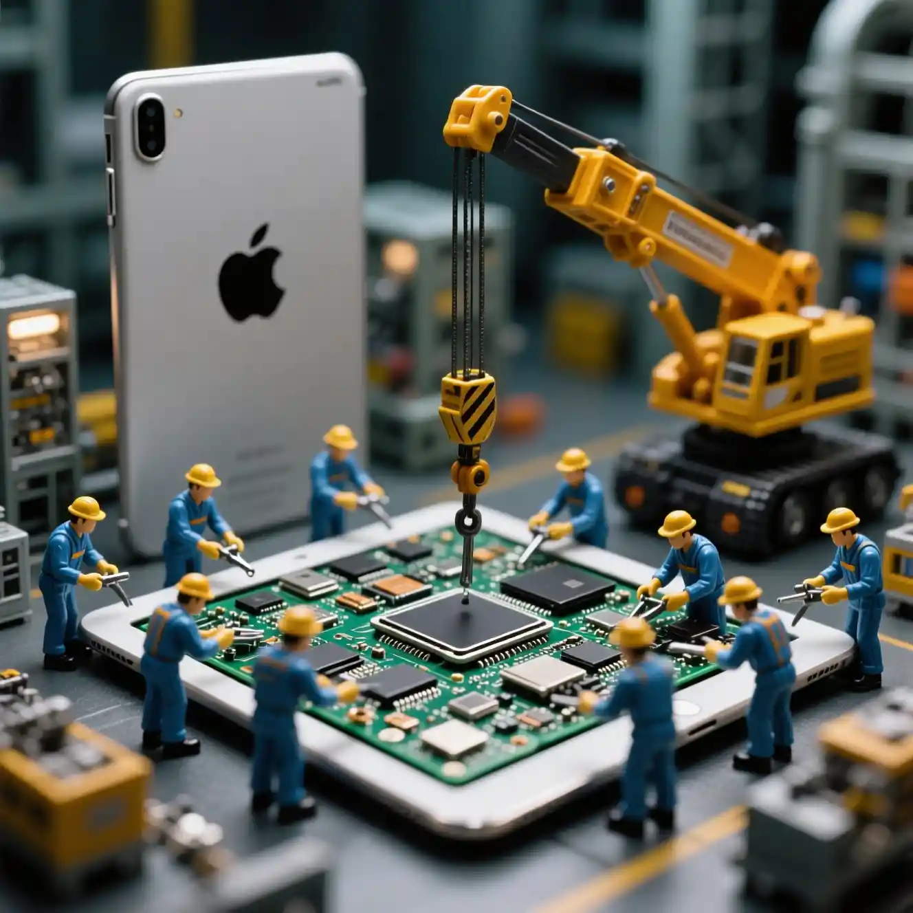 Techniciens miniatures réparant une tablette géante dans une usine