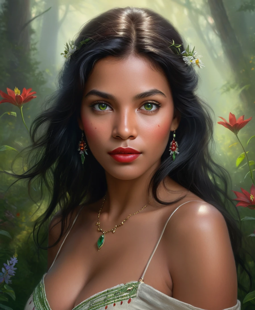 Hyperrealistisches Porträt einer indigenen Frau mit grünen Augen