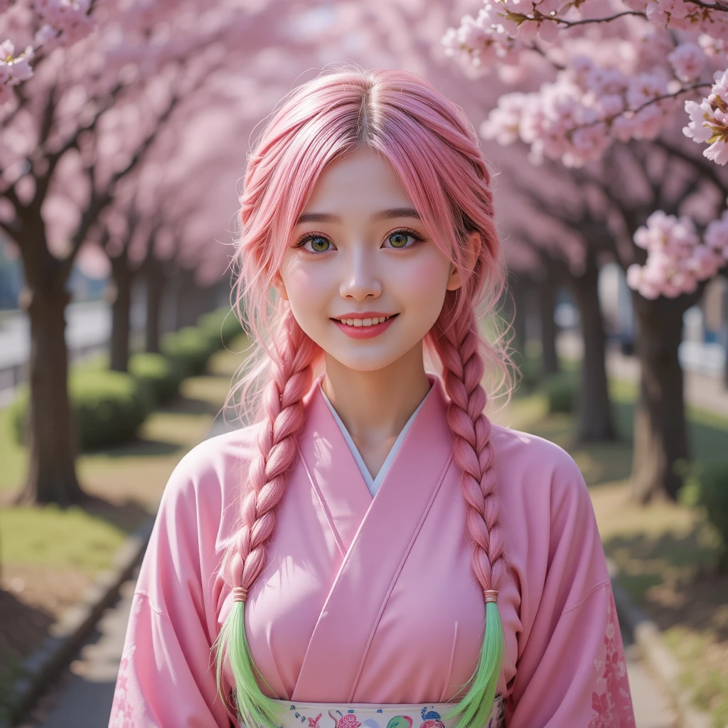 Pink haired girl in kimono under cherry blossoms