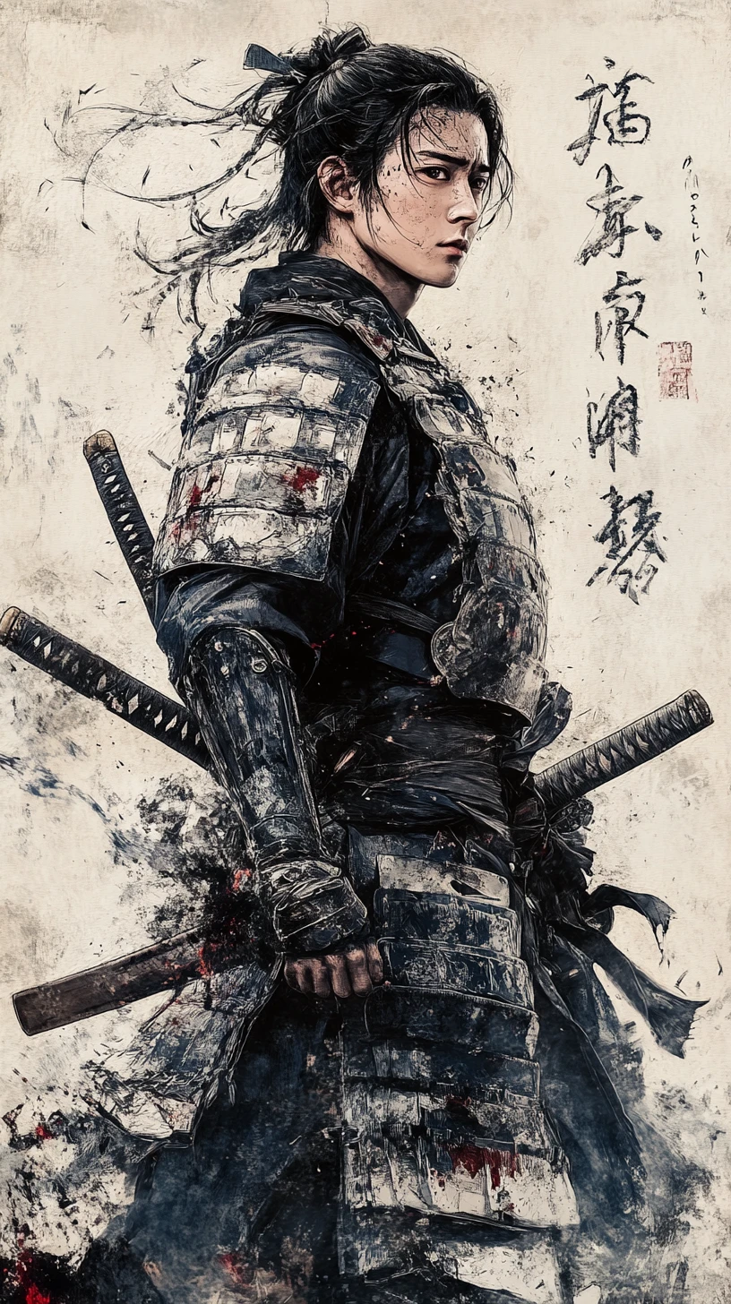 紙の鎧をまとい決意に満ちて見上げる若き侍