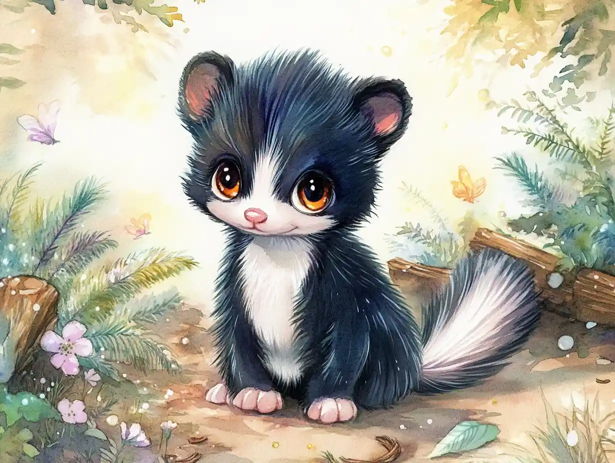 Adorable illustration d’un bébé moufette dans une forêt baignée de soleil