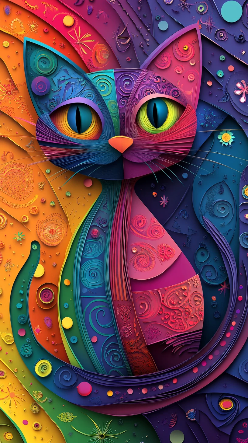 Gato 3D divertido em close-up em fundo abstrato de arco-íris