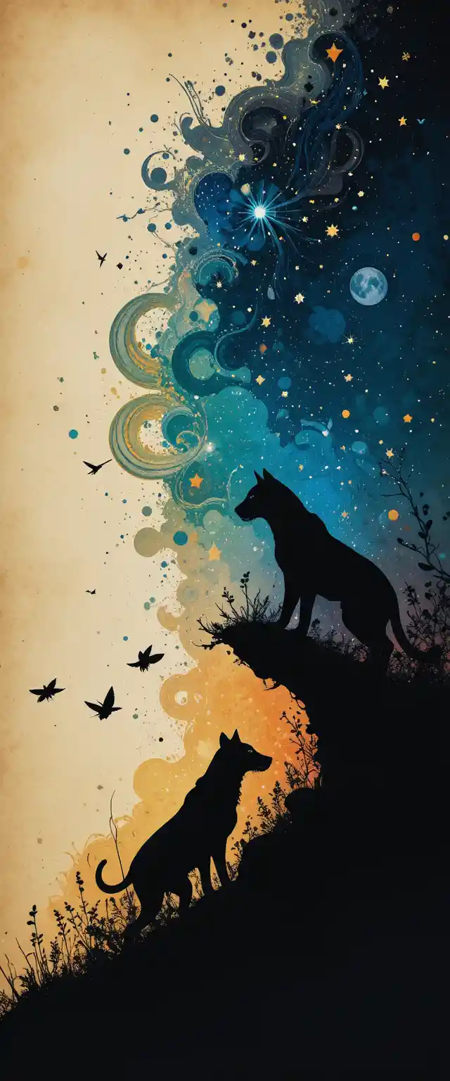 Tiger and wolf hunting together under a starry night sky