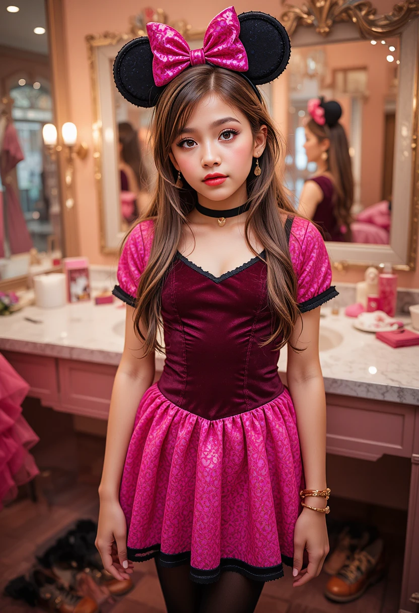 Tween girl in pink minnie dress at boutique vanity