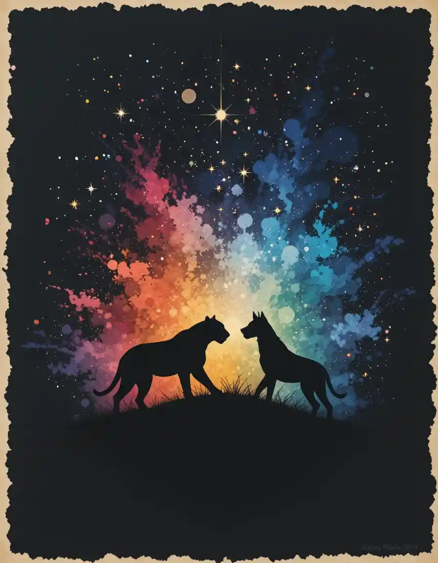 星空の下で共に狩りをするトラとオオカミ